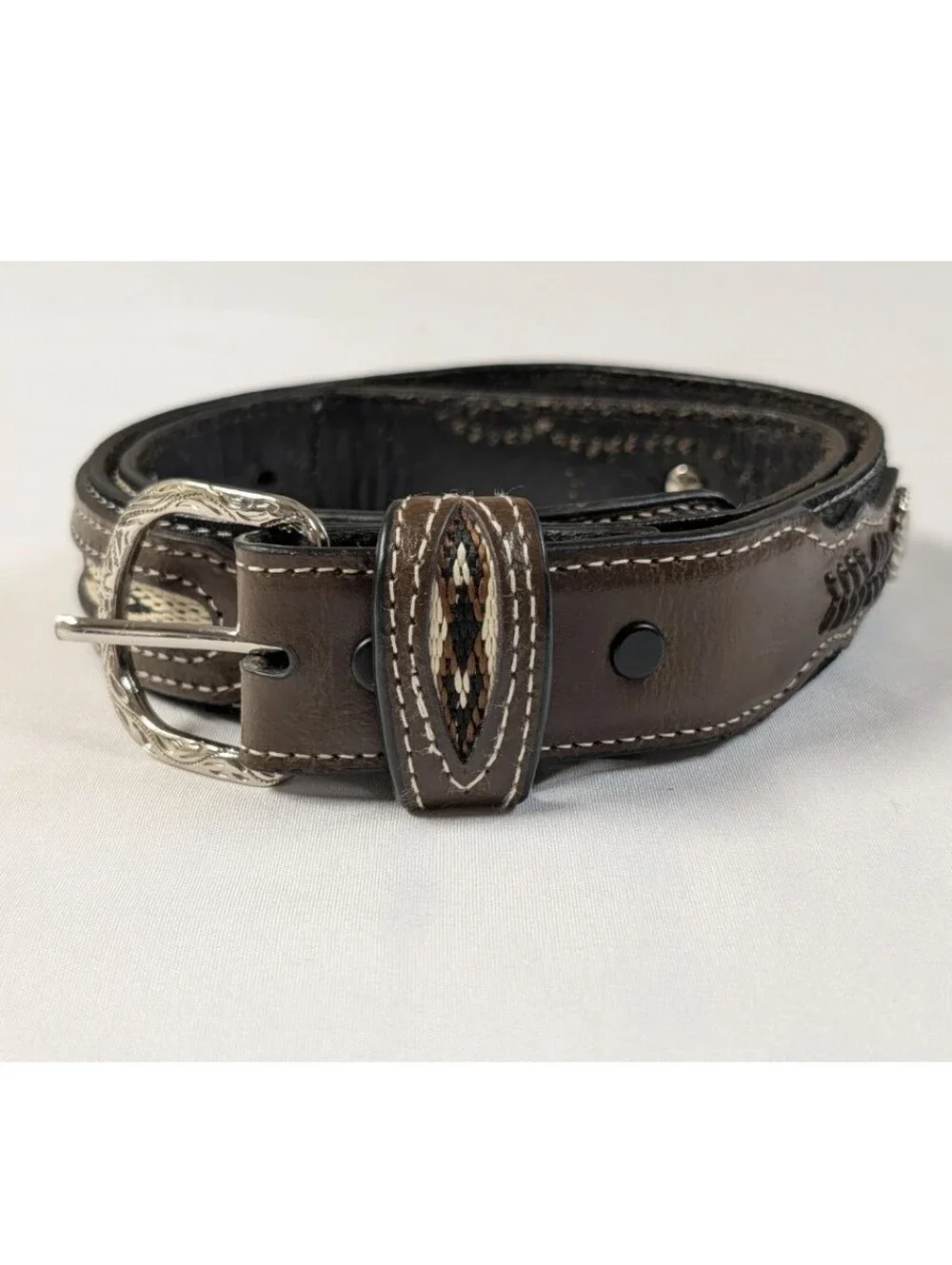 Nocona Belt Size 28 Brown Black Leather Western Woven Aztec Inlay Silver Concho